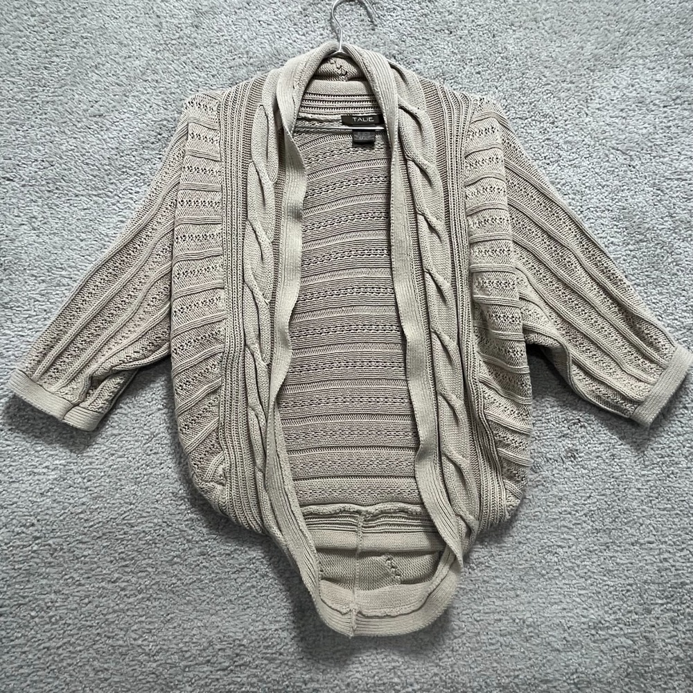 Talie Sweater Women's Medium Beige Cable Knit Cardigan Open Front Cotton Lined